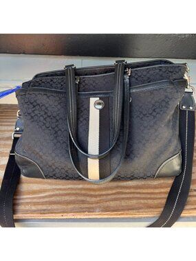 Coach Signature Stripe Black Canvas Leather Tote With Shoulder Strap